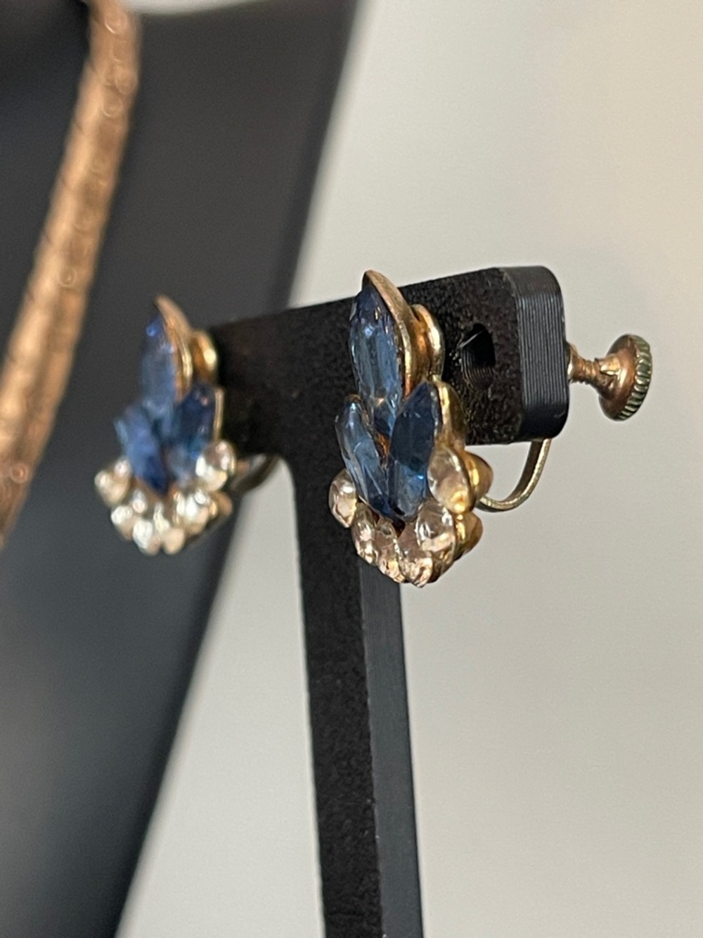 Vintage Gold Plated Blue & Clear Rhinestone Matching Necklace/Earring Set - Picture 6 of 10